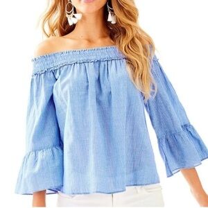 Lilly Pulitzer Moira Off the Shoulder Blouse blue and white size medium